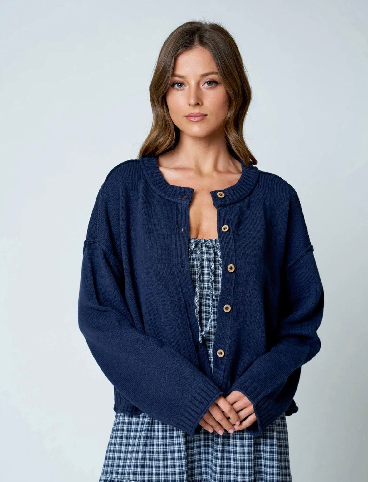 Raw Edge Button Down Navy Cardigan