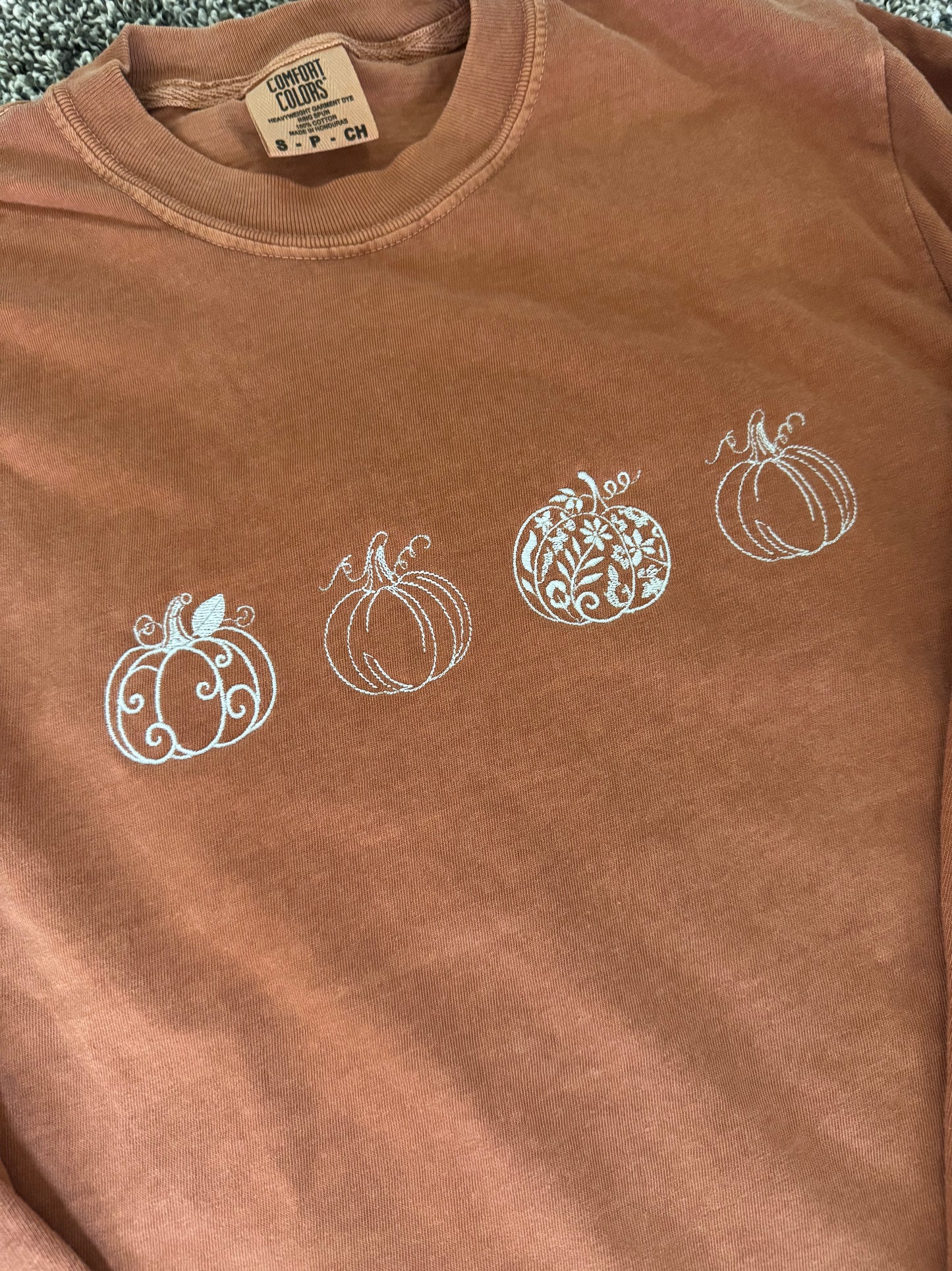 Long Sleeve Embroidered Pumpkin Comfort Color T-Shirt