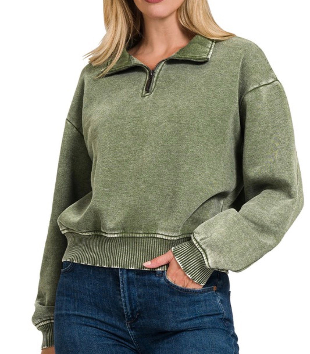Light Olive Acid Wash Cropped Fleece Pullover