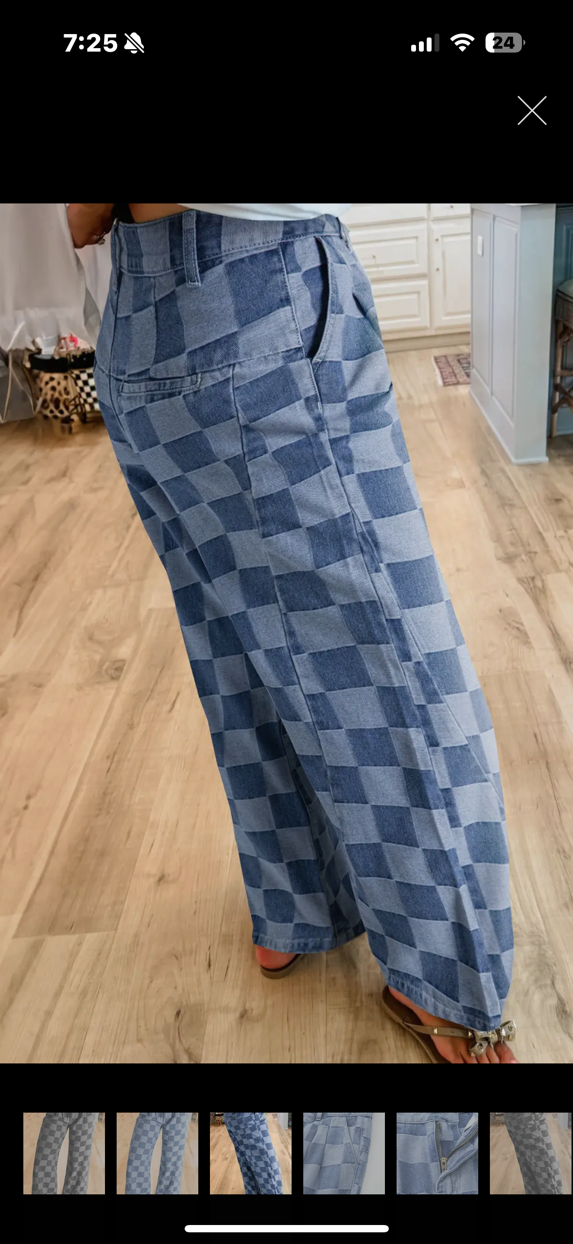 Checkered Denim Wide Leg Trousers