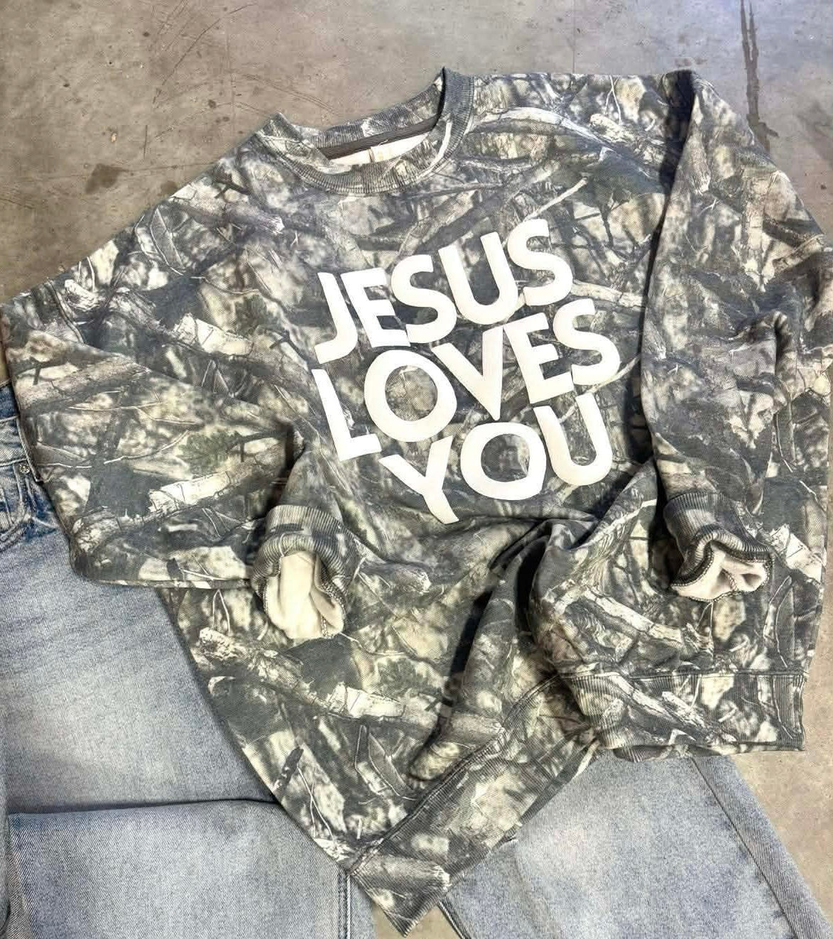 Camo Crewneck- Jesus Loves You