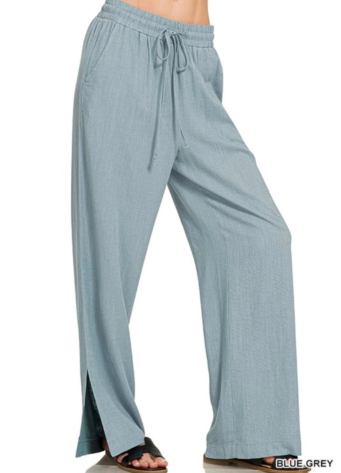 Linen Drawstring Pants Blue Grey