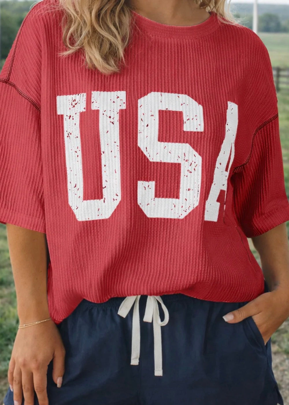 Red Ribbed USA Tee