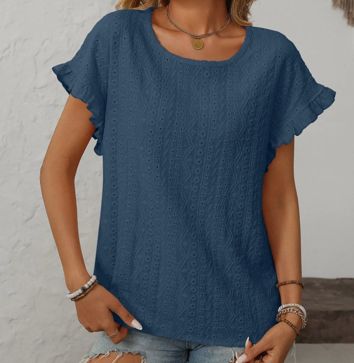 Short Sleeve Navy Hollow Top