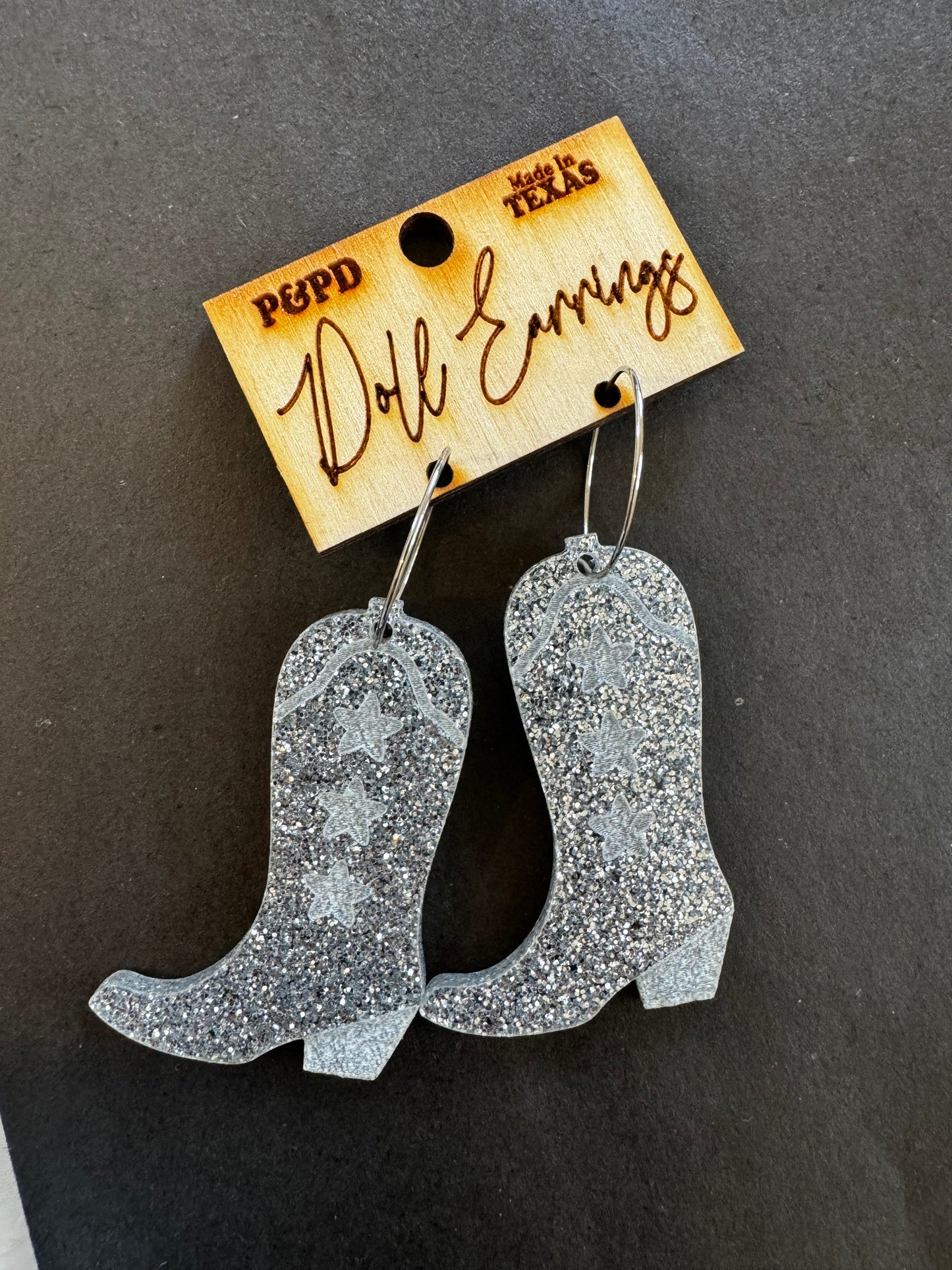 Silver Glitter Boot Earrings