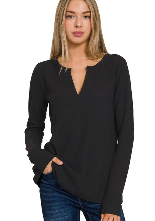 Waffle V-Neck Long Sleeve