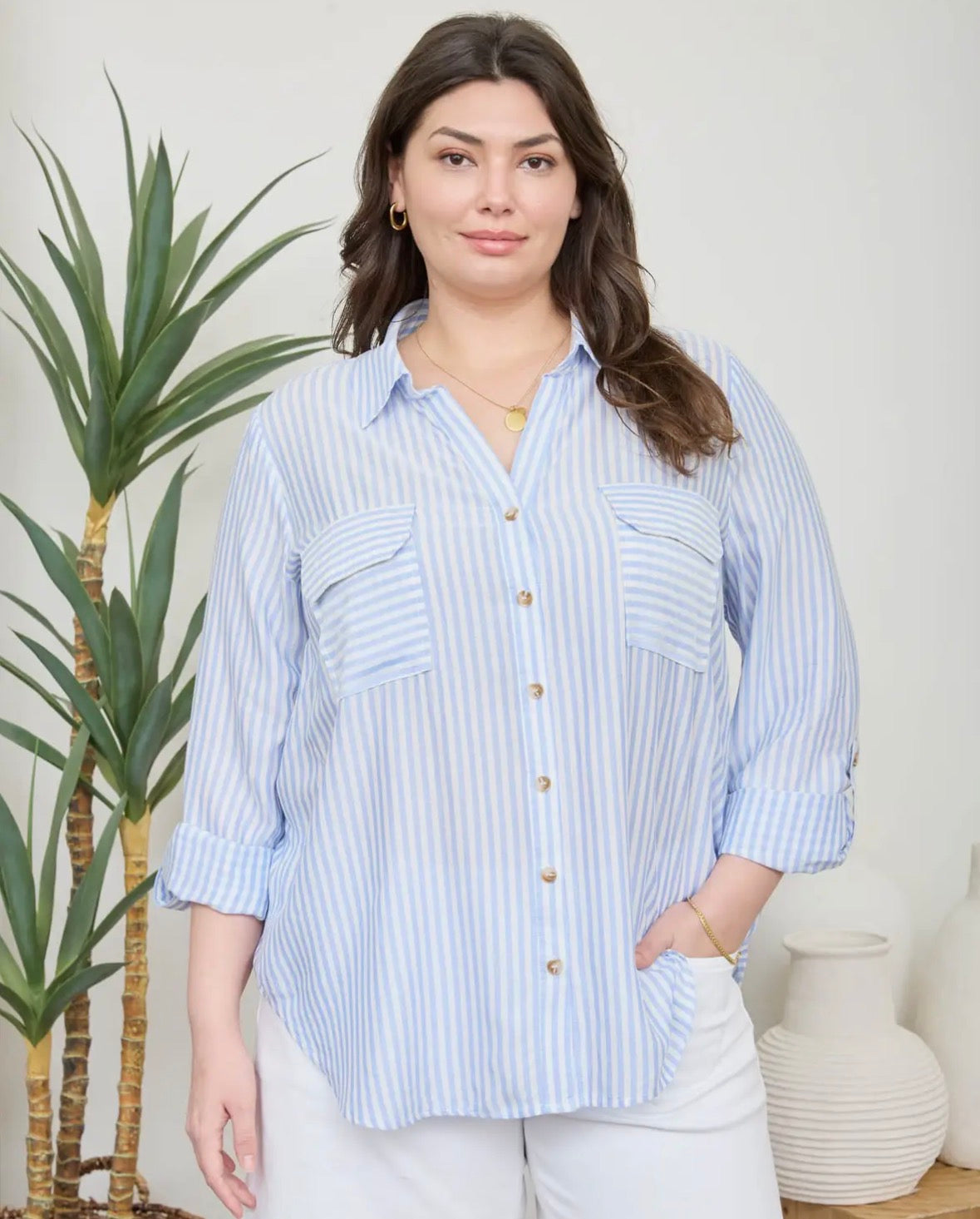 PLUS Stripe Collard Button Up
