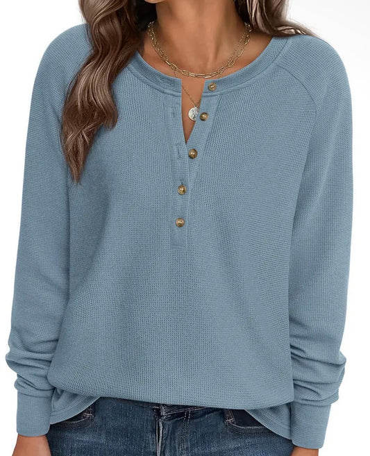 Blue Henley Waffle Knit Long Sleeve