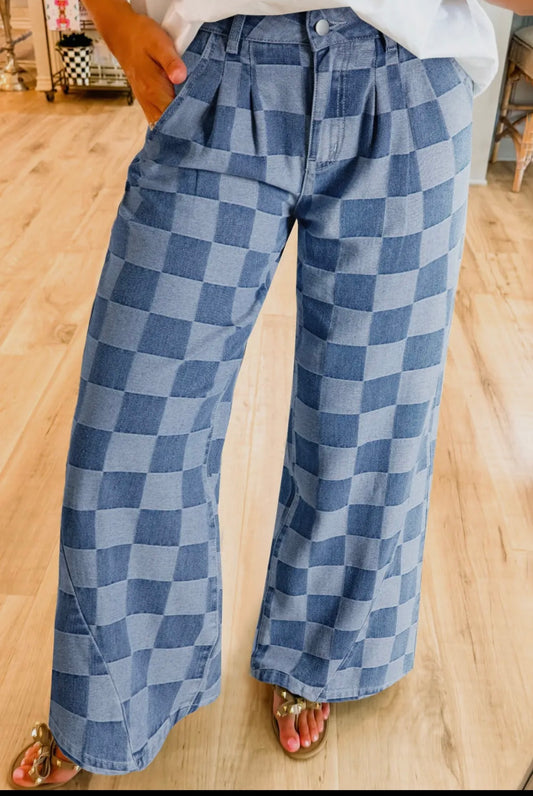 Checkered Denim Wide Leg Trousers