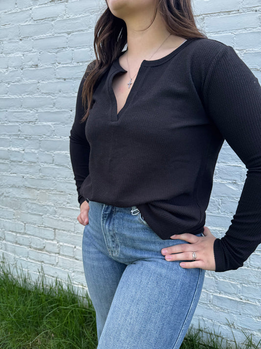 Waffle V-Neck Long Sleeve