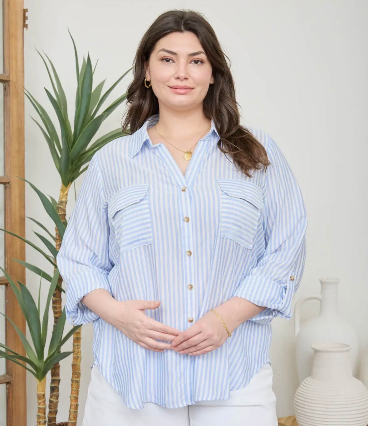PLUS Stripe Collard Button Up