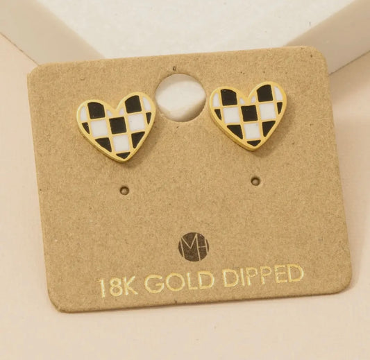 Checker Heart Stud Earrings