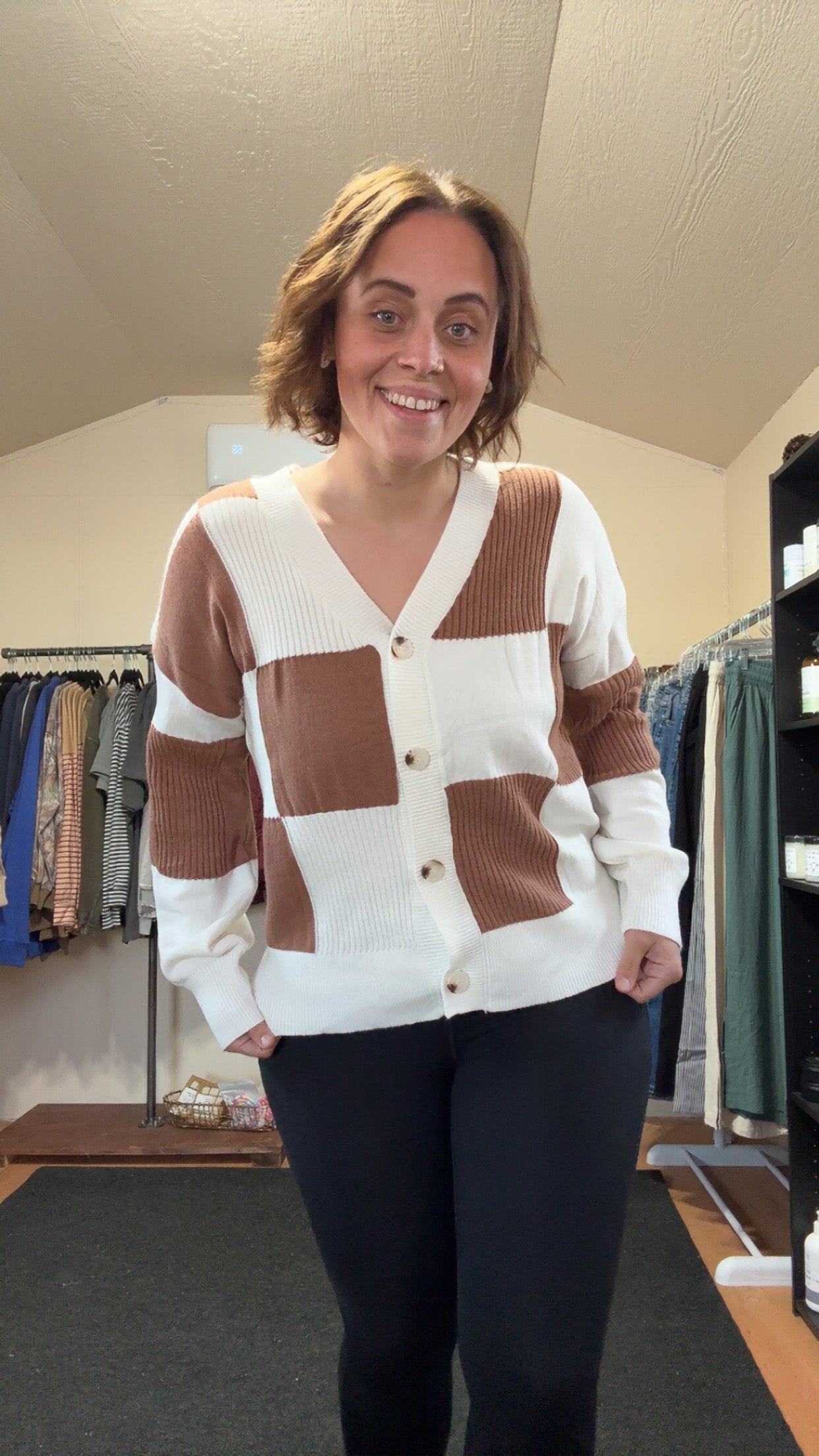 Checker Ribbed Button Up Cardigan