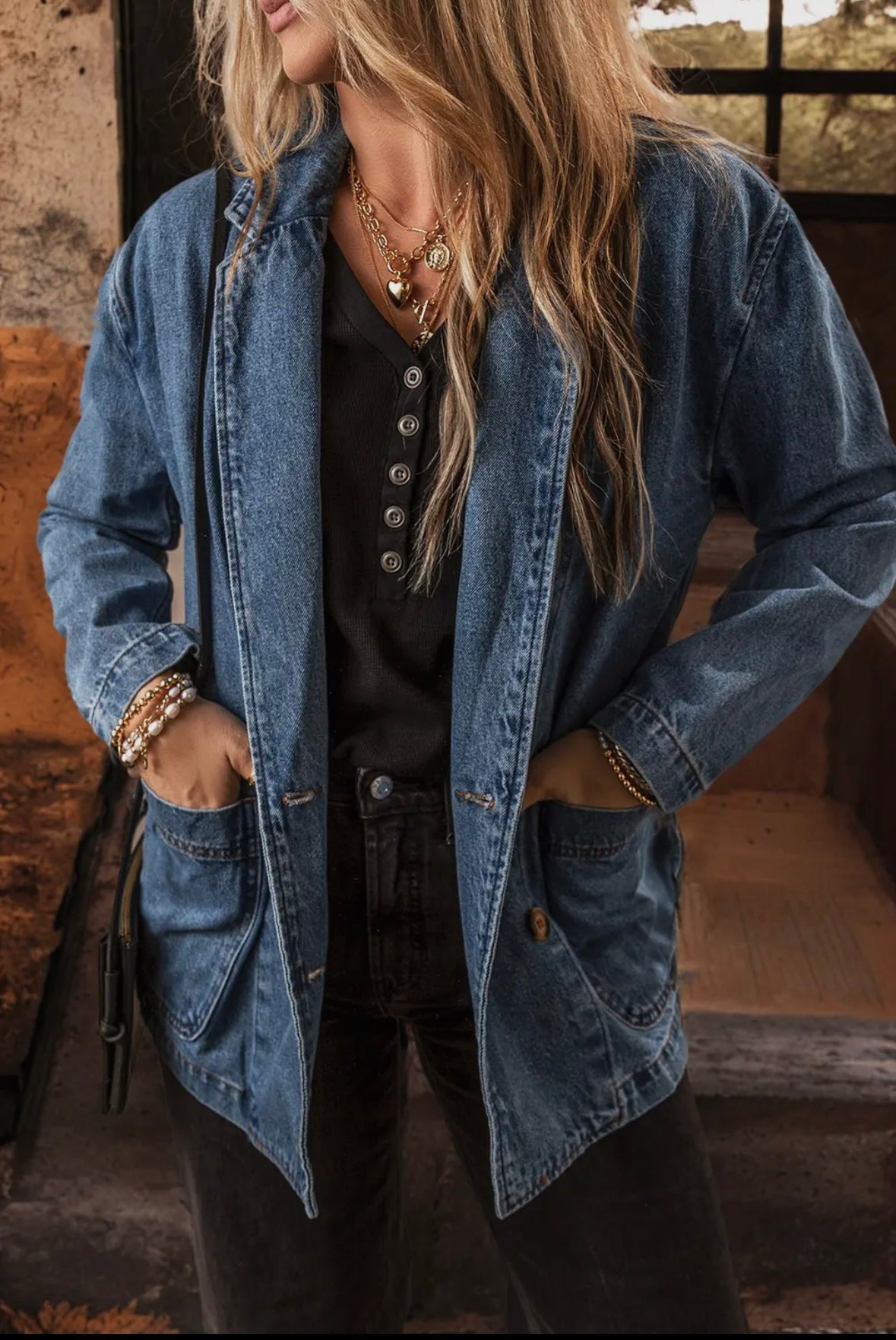 Side Pocket Lapel Collar Denim Jacket