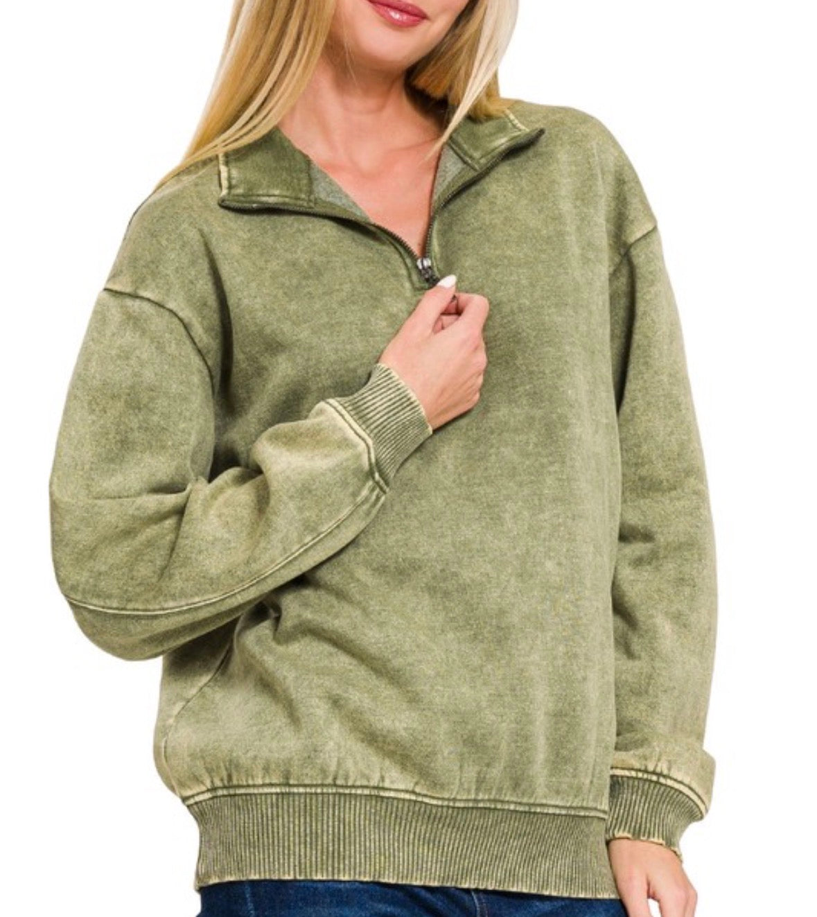 Light Olive Fleece Acid Wash Pullover