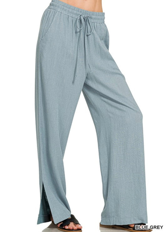 Linen Drawstring Pants Blue Grey