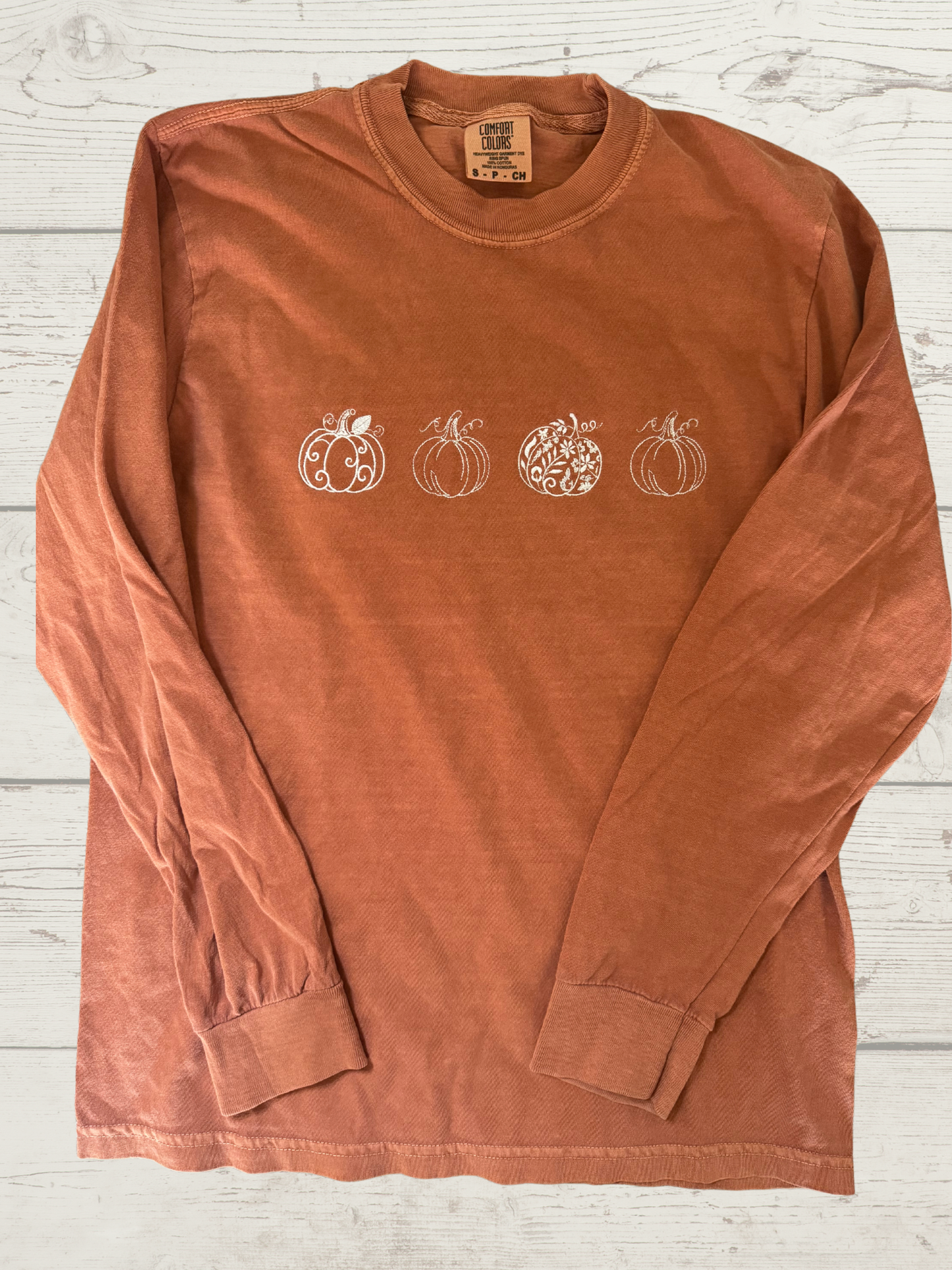 Long Sleeve Embroidered Pumpkin Comfort Color T-Shirt