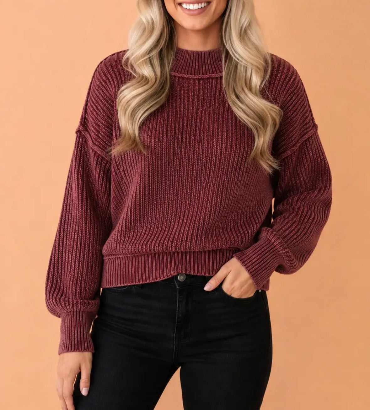 Red Dahlia Ribbed Mock Neck Sweater